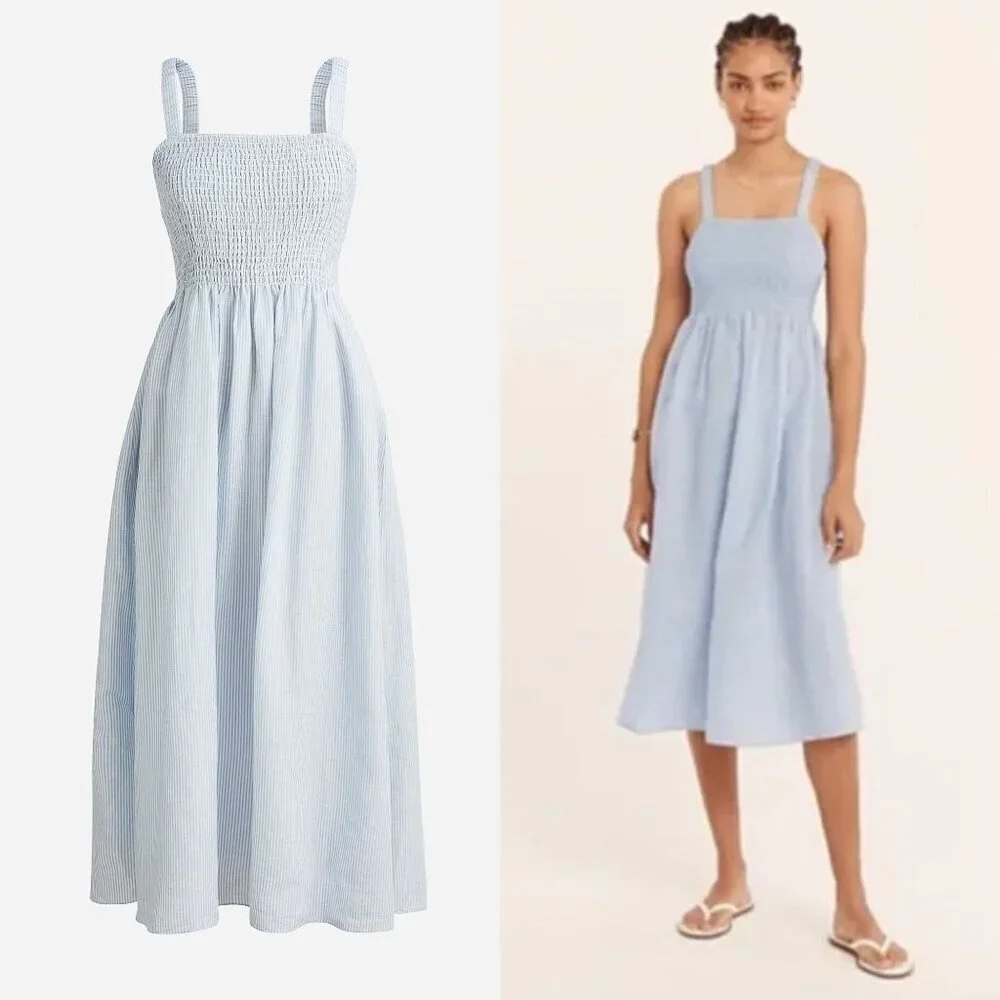 J. Crew Blue Smocked Linen-Cotton Beach Midi Dress Size Medium 41855